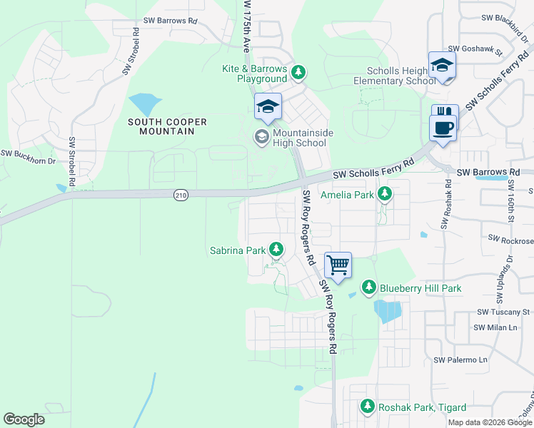 map of restaurants, bars, coffee shops, grocery stores, and more near 17421 Southwest Amelia Street in Beaverton