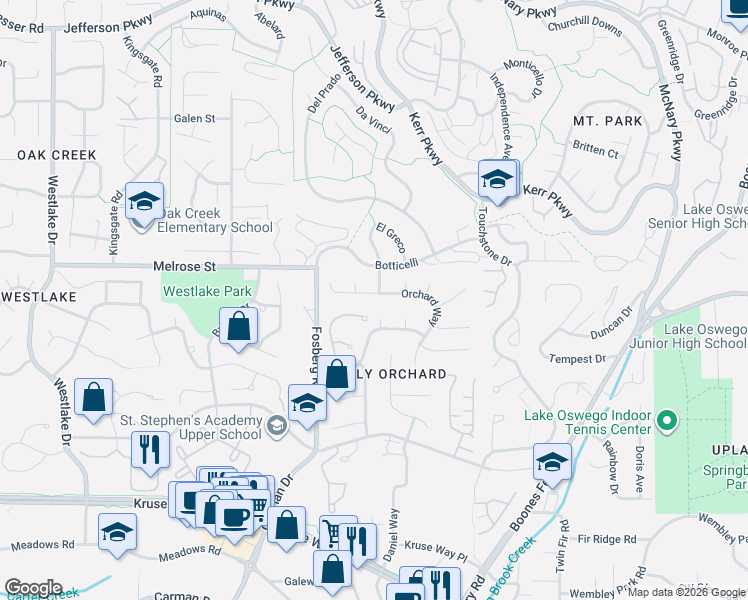 map of restaurants, bars, coffee shops, grocery stores, and more near 4134 Orchard Way in Lake Oswego