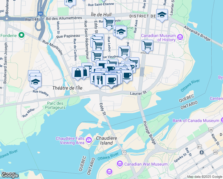 map of restaurants, bars, coffee shops, grocery stores, and more near 78 Promenade du Portage in Gatineau