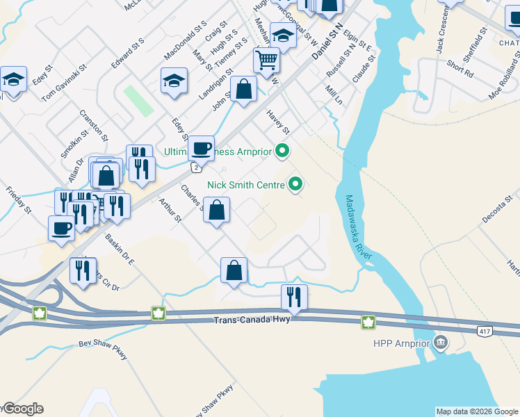 map of restaurants, bars, coffee shops, grocery stores, and more near 2-40 Fairview Crescent in Arnprior