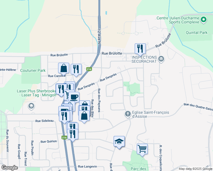 map of restaurants, bars, coffee shops, grocery stores, and more near 1168 Rue des Marguerites in Sherbrooke