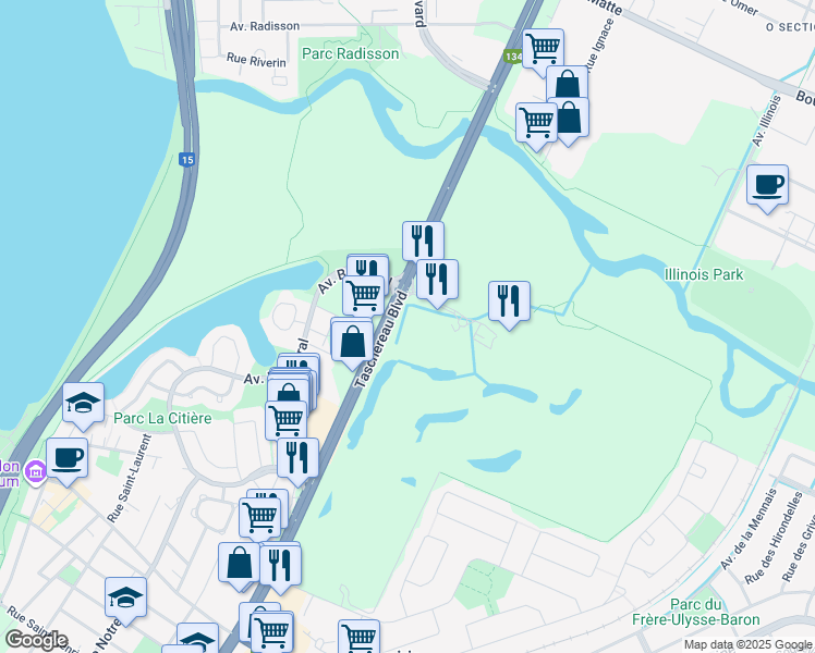 map of restaurants, bars, coffee shops, grocery stores, and more near 110 Avenue du Golf in La Prairie
