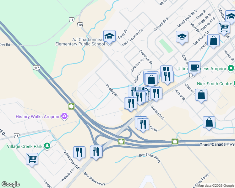map of restaurants, bars, coffee shops, grocery stores, and more near 56 Frieday Street in Arnprior