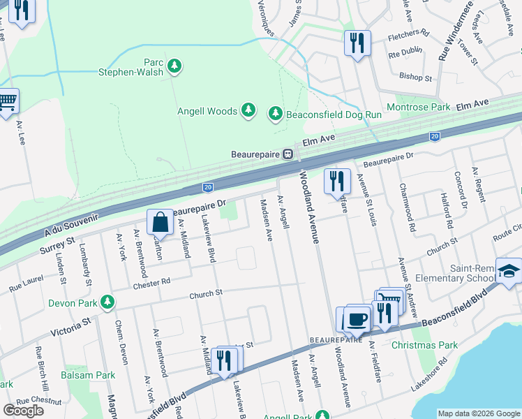 map of restaurants, bars, coffee shops, grocery stores, and more near 142 Avenue Madsen in Beaconsfield