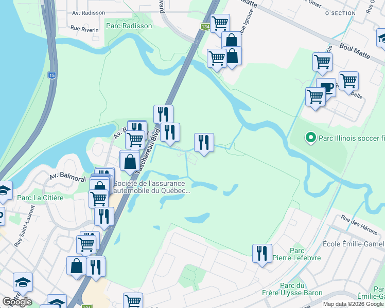 map of restaurants, bars, coffee shops, grocery stores, and more near 300 Avenue du Golf in La Prairie
