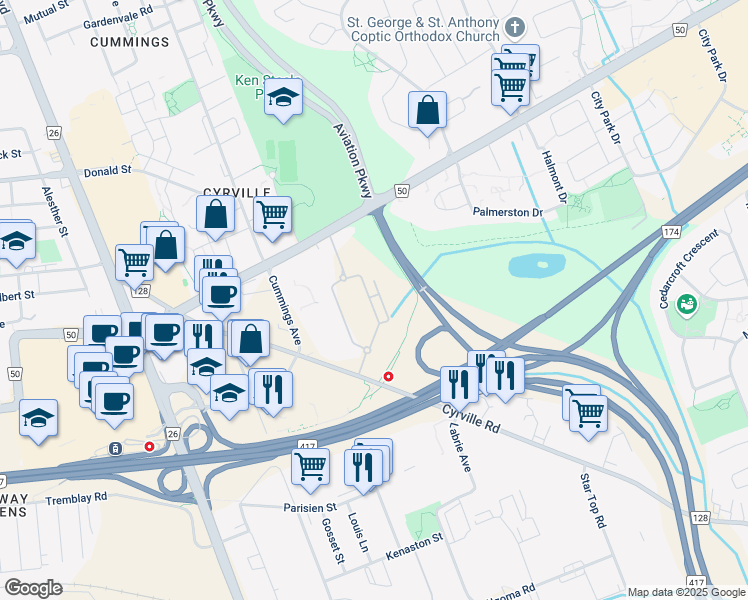 map of restaurants, bars, coffee shops, grocery stores, and more near in Ottawa