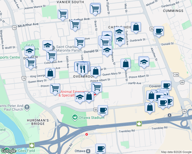 map of restaurants, bars, coffee shops, grocery stores, and more near in Ottawa