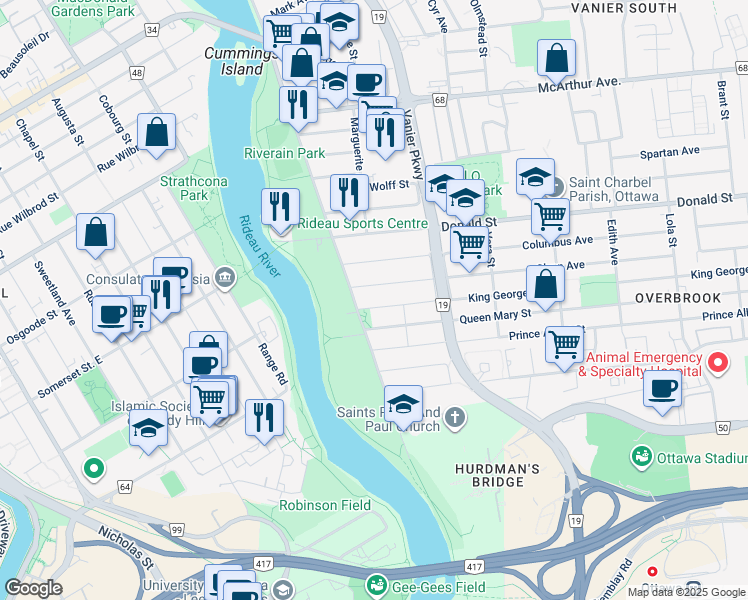 map of restaurants, bars, coffee shops, grocery stores, and more near in Ottawa