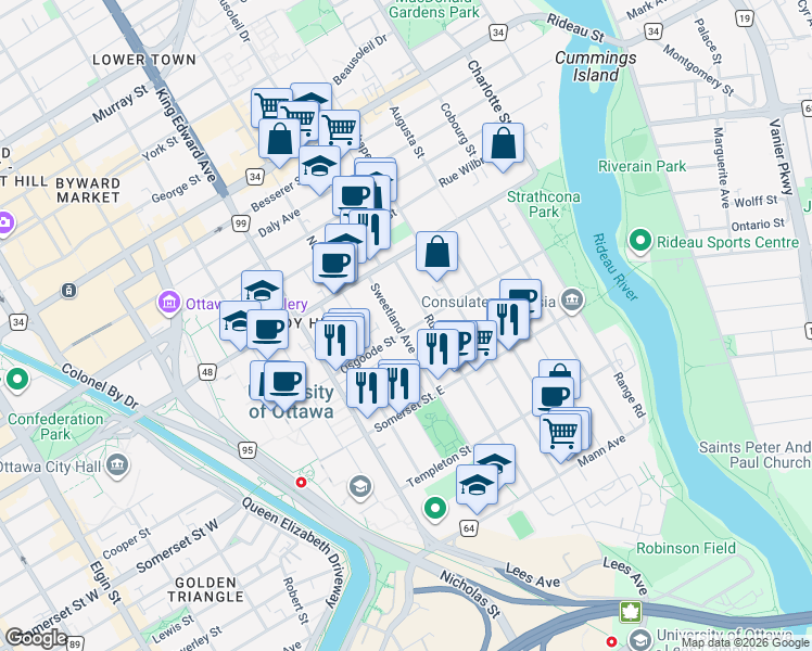 map of restaurants, bars, coffee shops, grocery stores, and more near in Ottawa