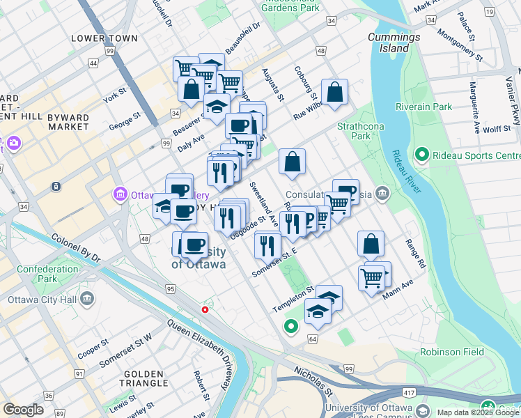 map of restaurants, bars, coffee shops, grocery stores, and more near 371 Nelson Street in Ottawa