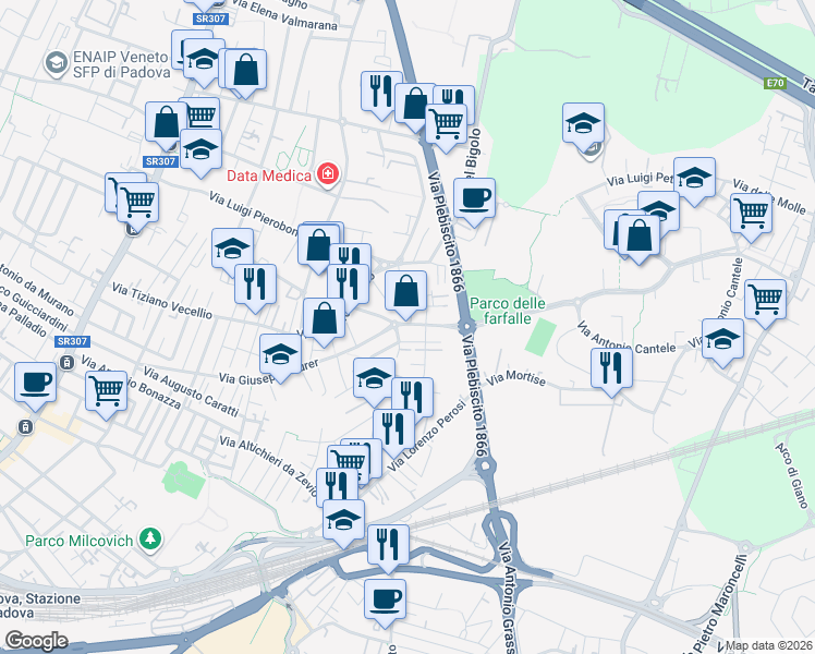 map of restaurants, bars, coffee shops, grocery stores, and more near 10 Via Giovanni Battista Viotti in Padova