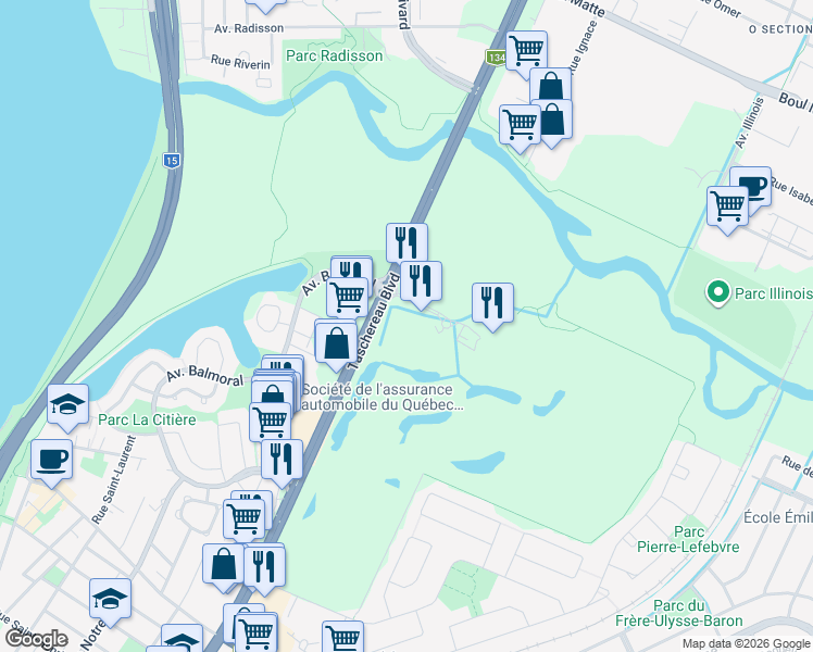 map of restaurants, bars, coffee shops, grocery stores, and more near 120 Avenue du Golf in La Prairie