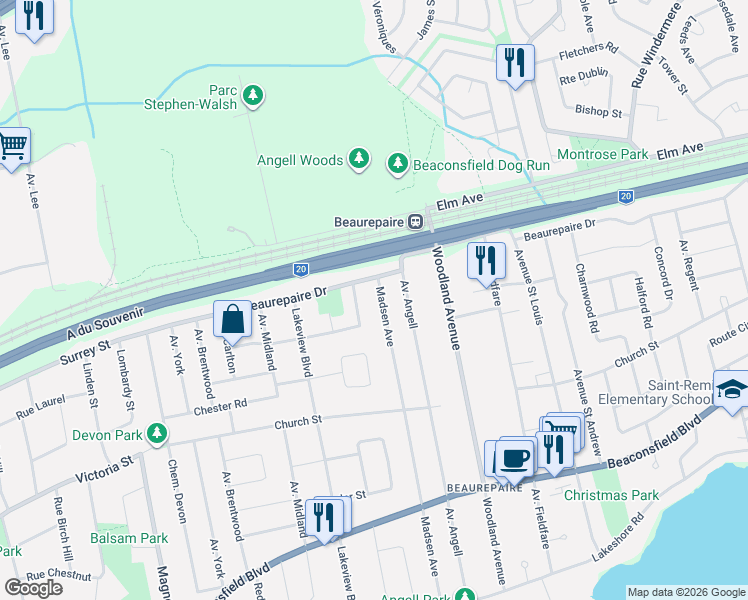 map of restaurants, bars, coffee shops, grocery stores, and more near 142 Avenue Madsen in Beaconsfield