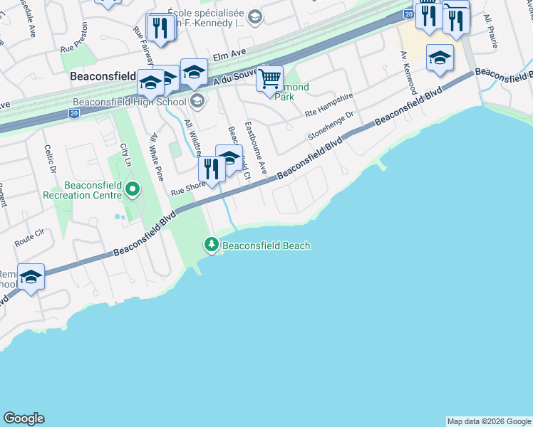 map of restaurants, bars, coffee shops, grocery stores, and more near 242 Boulevard Beaconsfield in Beaconsfield
