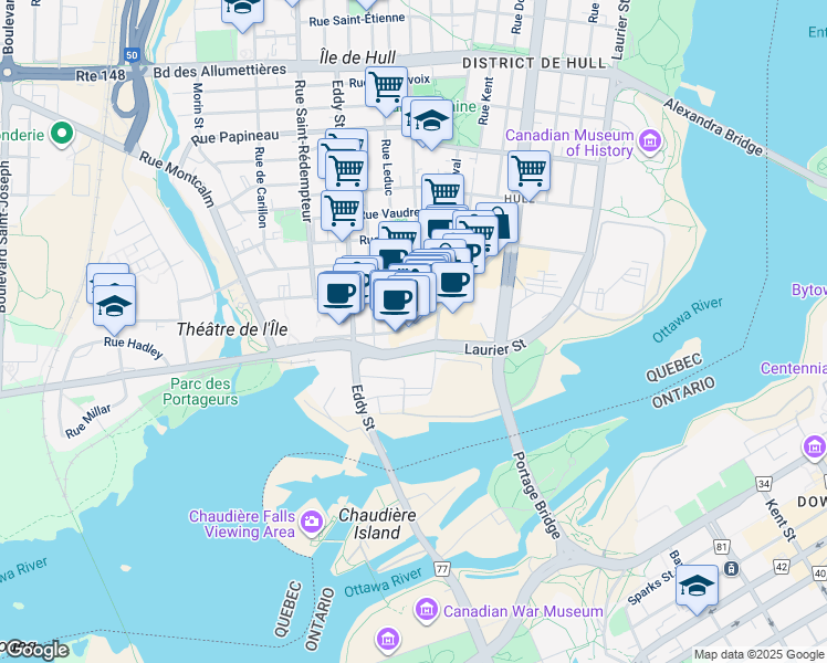 map of restaurants, bars, coffee shops, grocery stores, and more near 106 Promenade du Portage in Gatineau