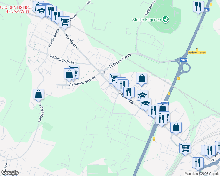 map of restaurants, bars, coffee shops, grocery stores, and more near 16 Via Alberto Einstein in Padova