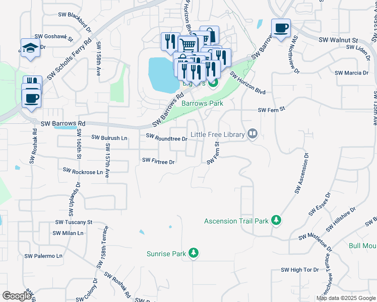 map of restaurants, bars, coffee shops, grocery stores, and more near 13155 Southwest Brianne Way in Portland
