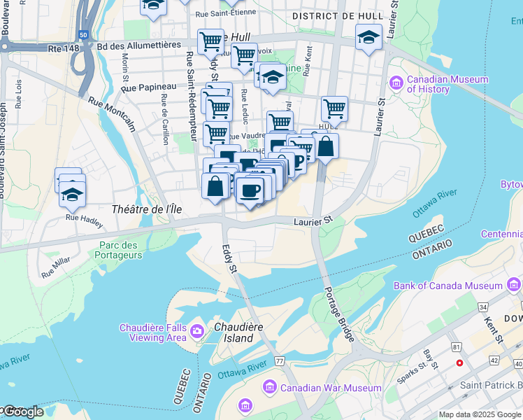 map of restaurants, bars, coffee shops, grocery stores, and more near 106 Promenade du Portage in Gatineau