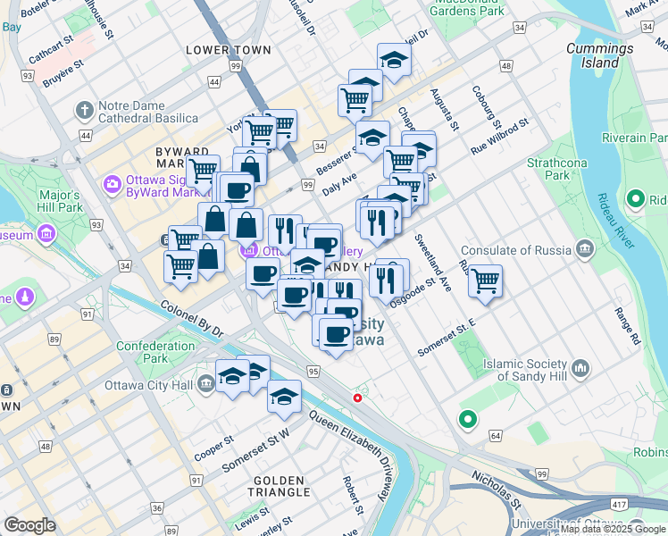 map of restaurants, bars, coffee shops, grocery stores, and more near 591 Cumberland Street in Ottawa