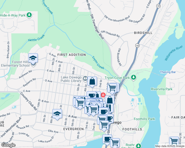 map of restaurants, bars, coffee shops, grocery stores, and more near 310 G Avenue in Lake Oswego