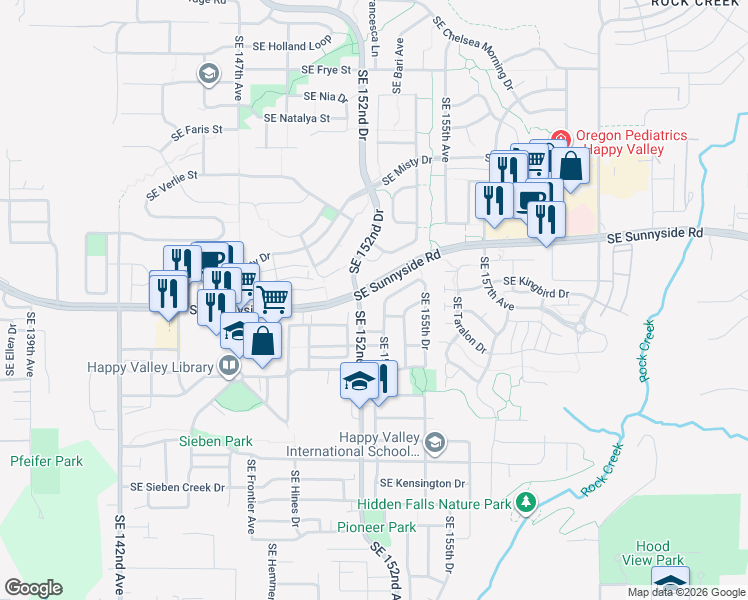 map of restaurants, bars, coffee shops, grocery stores, and more near 13588 Southeast 152nd Drive in Clackamas