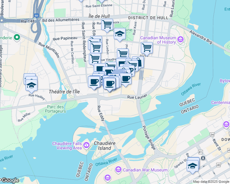 map of restaurants, bars, coffee shops, grocery stores, and more near 106 Promenade du Portage in Gatineau