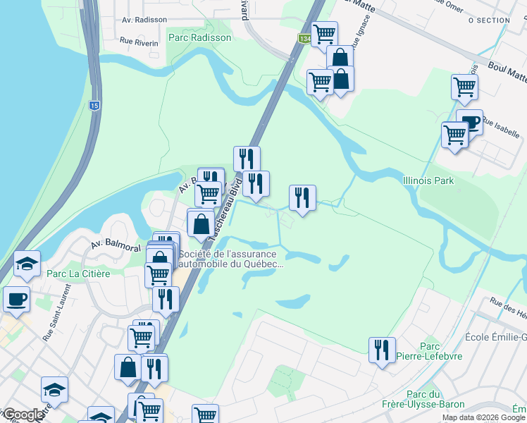 map of restaurants, bars, coffee shops, grocery stores, and more near 200 Avenue du Golf in La Prairie