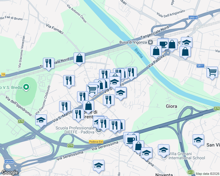 map of restaurants, bars, coffee shops, grocery stores, and more near 145 Via San Marco in Padova