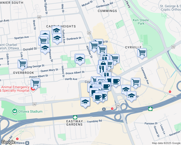 map of restaurants, bars, coffee shops, grocery stores, and more near 574 Prince Albert Street in Ottawa