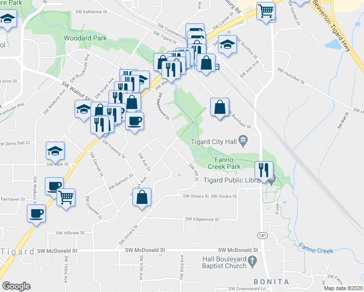 map of restaurants, bars, coffee shops, grocery stores, and more near 9293 Southwest Hill Street in Tigard