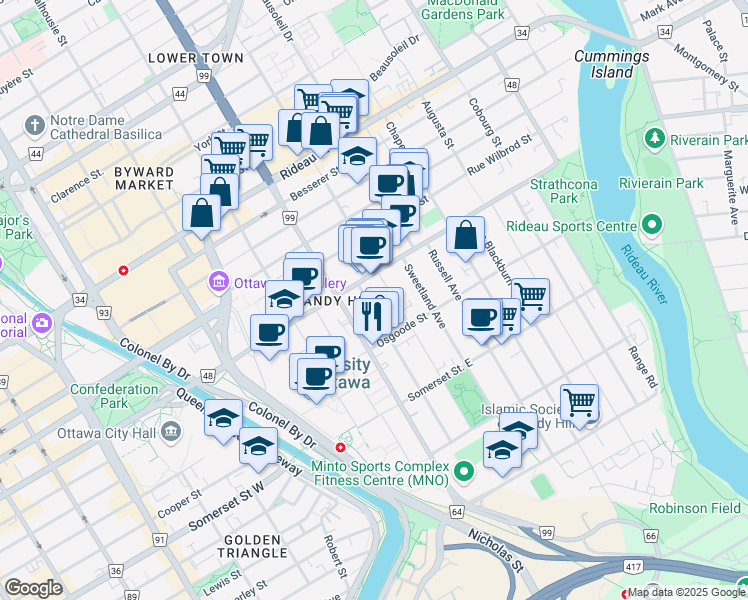 map of restaurants, bars, coffee shops, grocery stores, and more near 27 Henderson Avenue in Ottawa