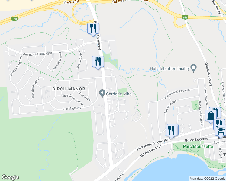 map of restaurants, bars, coffee shops, grocery stores, and more near 82 Avenue des Jonquilles in Gatineau