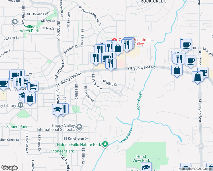map of restaurants, bars, coffee shops, grocery stores, and more near 15920 Southeast Starling Court in Clackamas