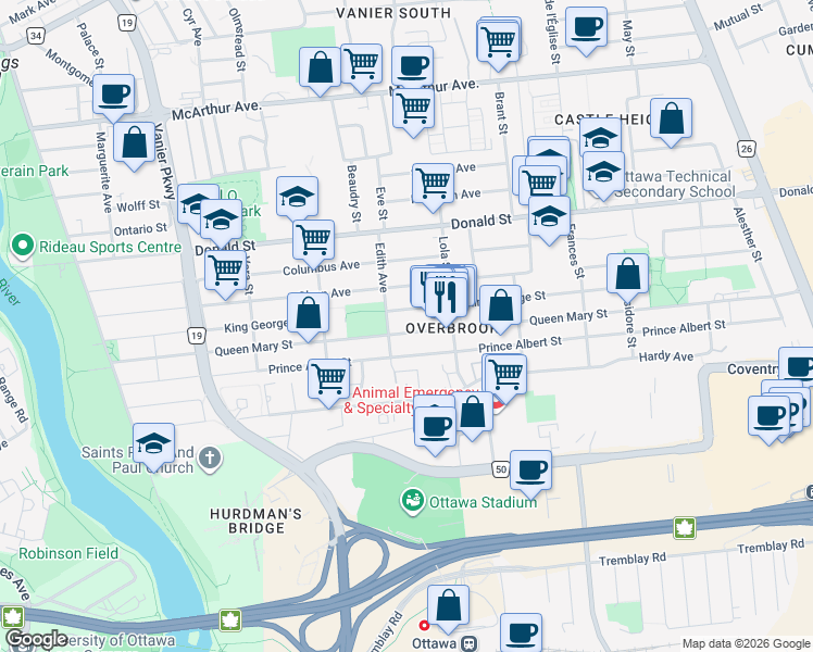 map of restaurants, bars, coffee shops, grocery stores, and more near in Ottawa