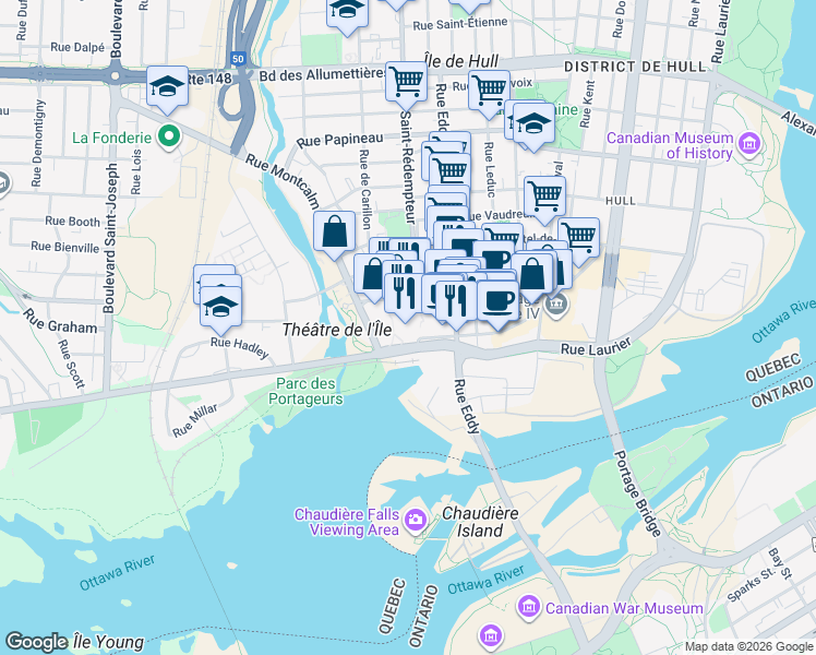 map of restaurants, bars, coffee shops, grocery stores, and more near 1 Promenade du Portage in Gatineau