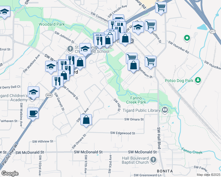 map of restaurants, bars, coffee shops, grocery stores, and more near 9293 Southwest Hill Street in Tigard