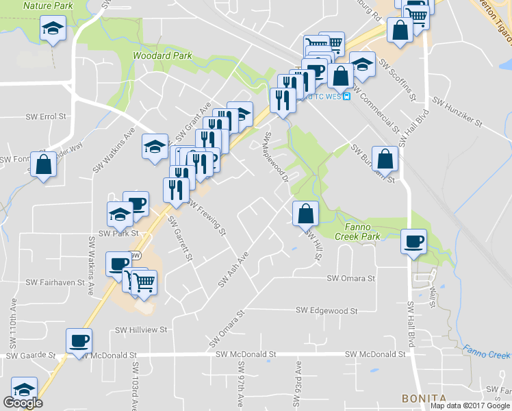 map of restaurants, bars, coffee shops, grocery stores, and more near 9588 Southwest Frewing Court in Tigard