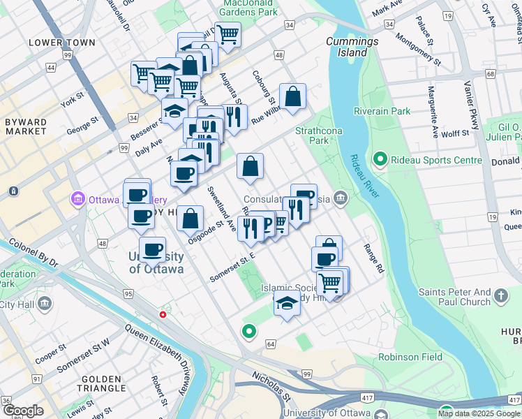 map of restaurants, bars, coffee shops, grocery stores, and more near in Ottawa