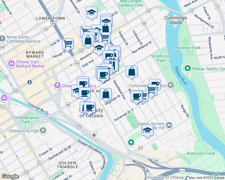 map of restaurants, bars, coffee shops, grocery stores, and more near 19 Sweetland Avenue in Ottawa