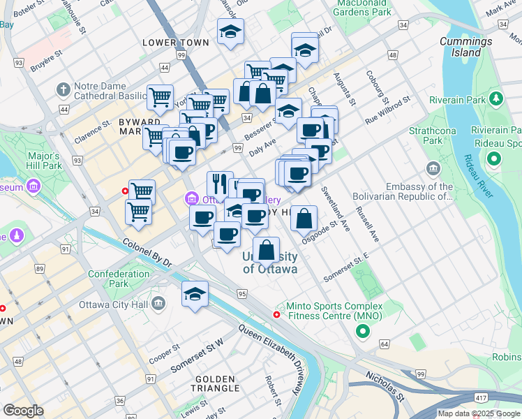 map of restaurants, bars, coffee shops, grocery stores, and more near in Ottawa