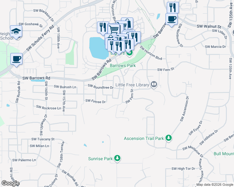 map of restaurants, bars, coffee shops, grocery stores, and more near 13056 Southwest Brianne Way in Portland