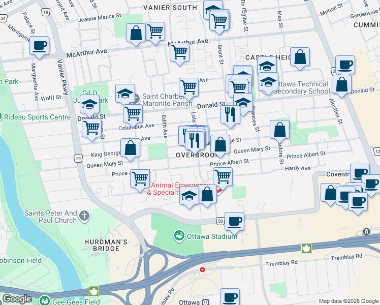 map of restaurants, bars, coffee shops, grocery stores, and more near 293 Queen Mary Street in Ottawa
