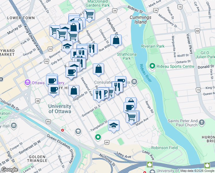 map of restaurants, bars, coffee shops, grocery stores, and more near 351 Chapel Street in Ottawa