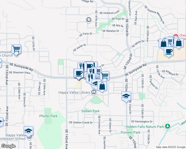 map of restaurants, bars, coffee shops, grocery stores, and more near 14689 Southeast Sunnyside Road in Happy Valley
