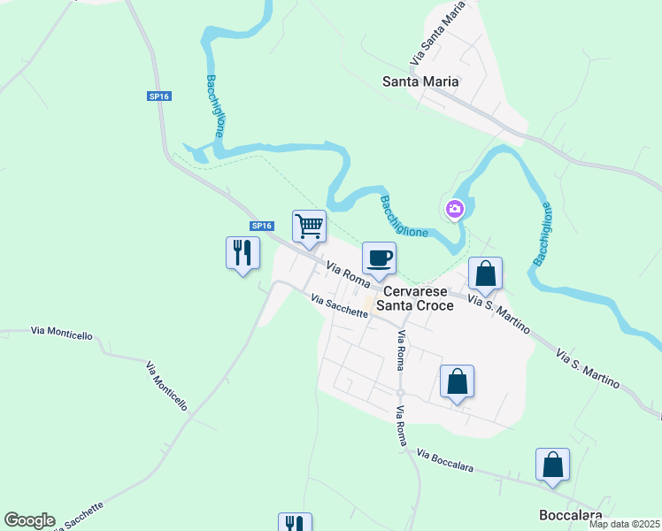 map of restaurants, bars, coffee shops, grocery stores, and more near 14 Via Roma in Cervarese Santa Croce