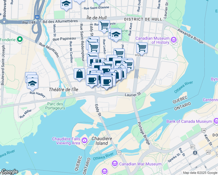 map of restaurants, bars, coffee shops, grocery stores, and more near in Gatineau