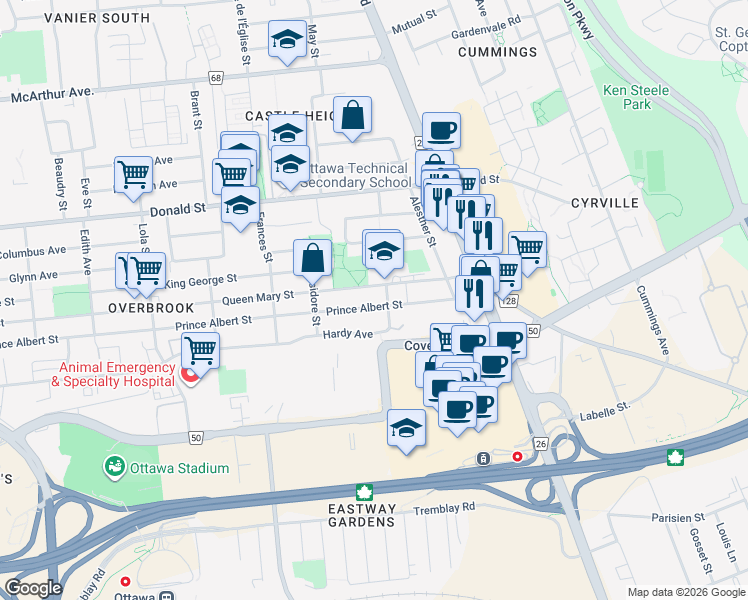 map of restaurants, bars, coffee shops, grocery stores, and more near 503 Queen Mary Street in Ottawa