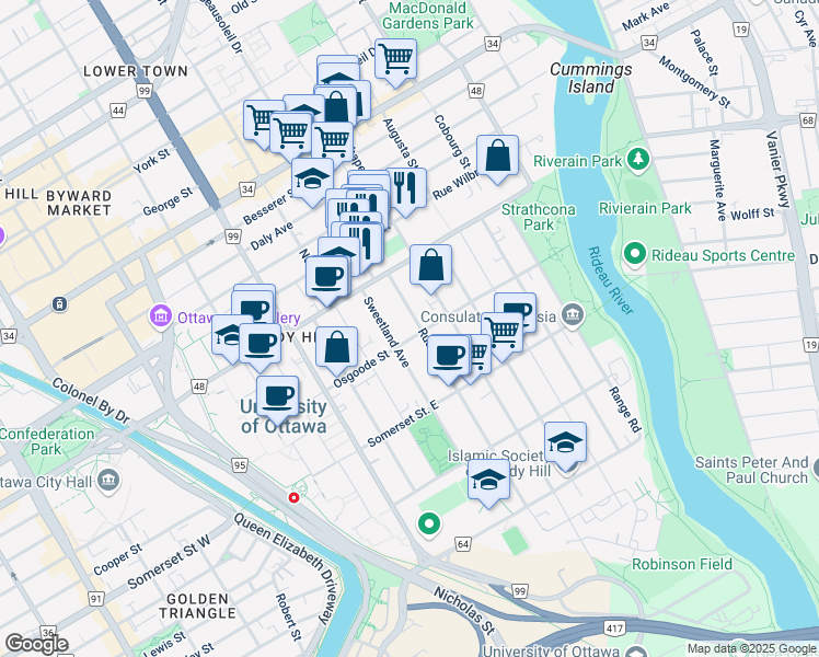 map of restaurants, bars, coffee shops, grocery stores, and more near 330 Chapel Street in Ottawa