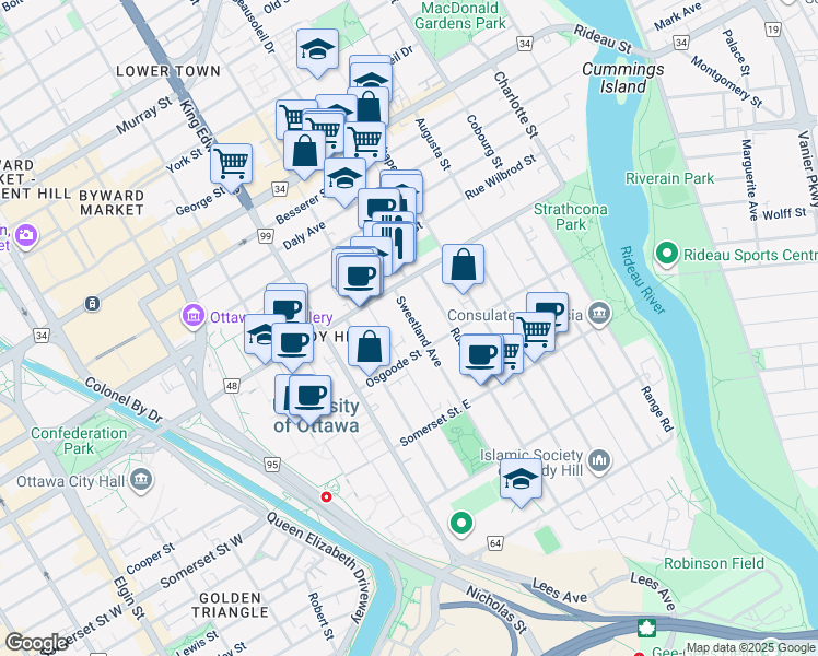 map of restaurants, bars, coffee shops, grocery stores, and more near 19 Sweetland Avenue in Ottawa