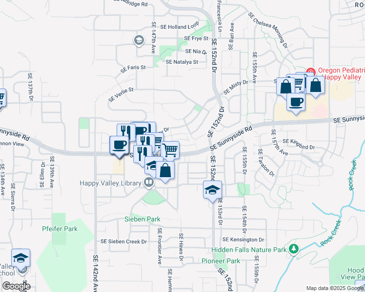 map of restaurants, bars, coffee shops, grocery stores, and more near 14840 Southeast Misty Drive in Happy Valley